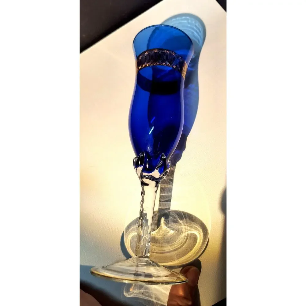 1027.  Vintage Cobalt Blue Bohemian Stemware 24K Gold Band